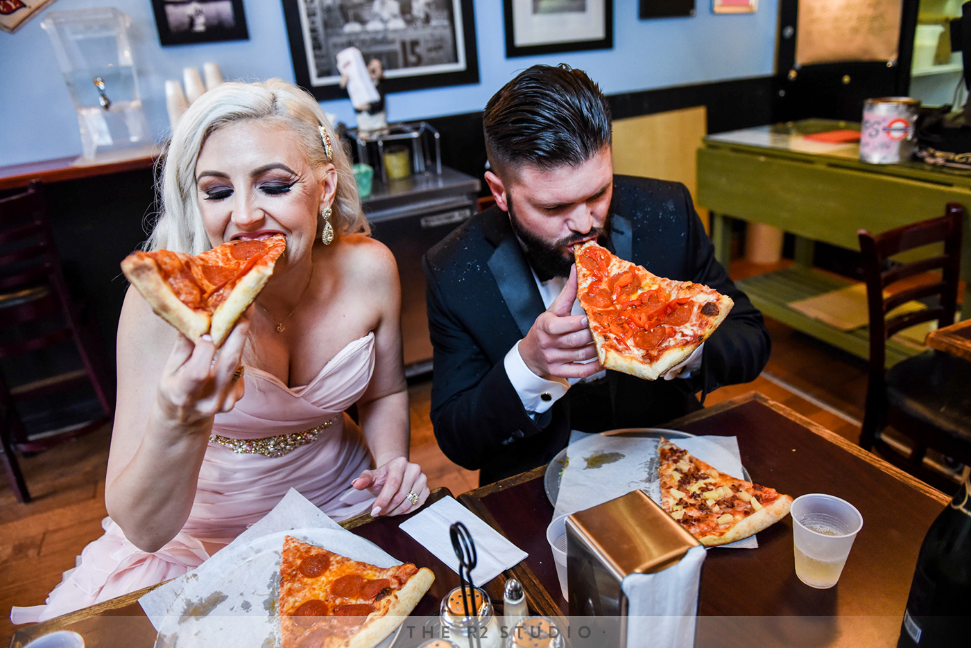 Sommer and Brody spared no expense during this spur of the moment pit stop at a local San Francisco pizza joint, which included a quick toast of champagne in plastic dixie cups.